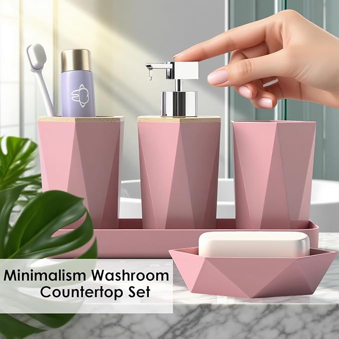 Pink Bathroom Accessories Set, 10 Pieces Bamboo Bathroom Set with Trash Can, Tray, Soap Dispenser, Soap Dish, Toothbrush Holder, Toothbrush Cup, Tissue Holder, Toilet Brush and Qtip Holders