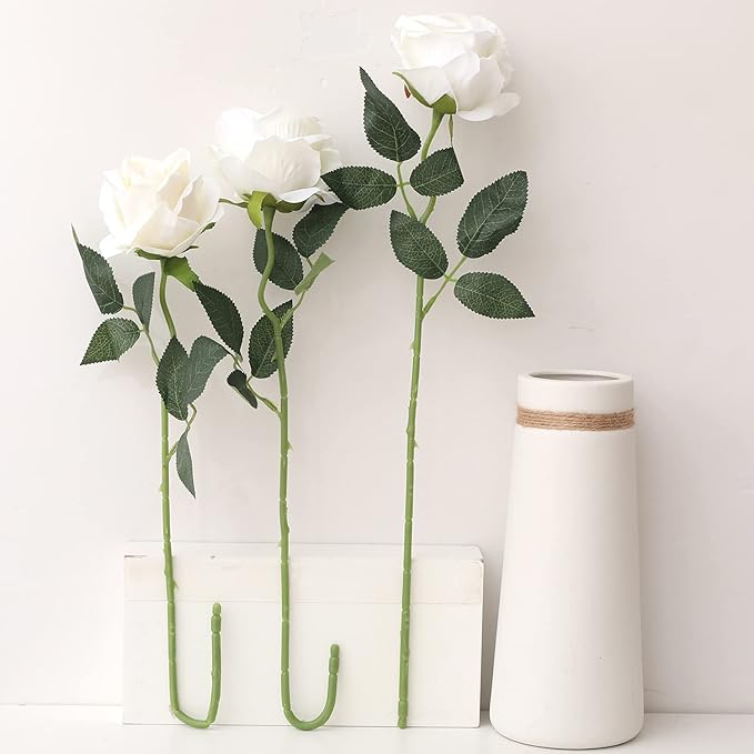 Cloudecor 15Pcs White Roses Artificial Flowers Fake Roses Long Stem Velet Rose Silk Flowers for Home Wedding Decoration (Round Roses,Cream White)