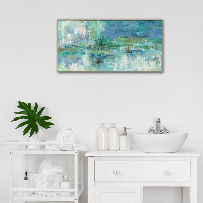 VEAEE Teal Framed Abstract Wall Art - Turquoise Green Colorful Modern Canvas Pictures, Living Room Wall Decor, Contemporary Landscape Painting Prints for Bedroom Bathroom Office Decor 20" x 40"