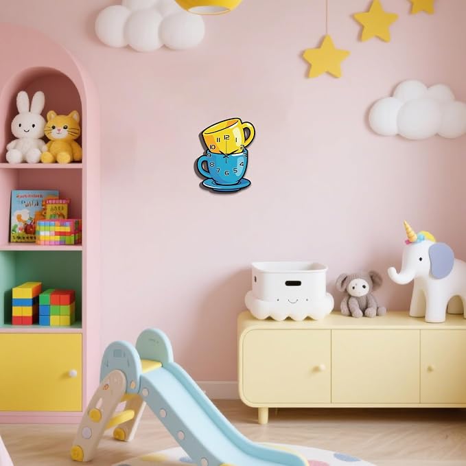 Stacked Coffee Cups Wall Clock Irregular Shape Decorative Wall Clock Cartoon Style Non-Ticking Clock for Home Office Decoration, 16.14×11.49 inch