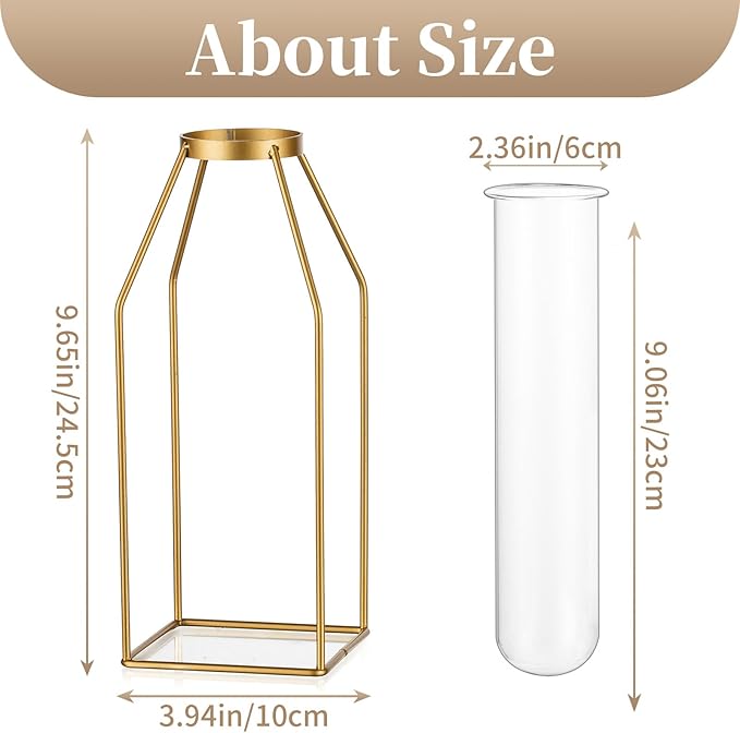 Sziqiqi Glass Tube Vase with Metal Stand - Modern Flower Vase Propagation Station for Plants Minimalistic Wire Square Vase for Room Decor Office Wedding Table Decoration