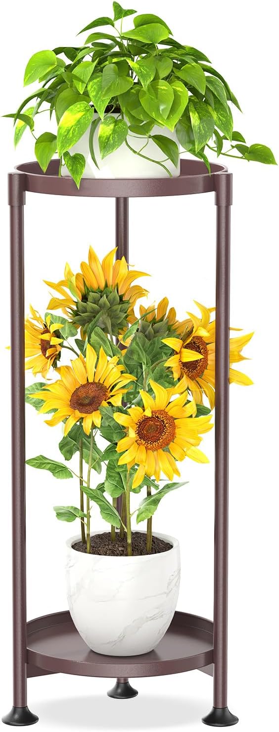 KMOTASUO 2 Tier Plant Stand Indoor for Large Tall Heavy Duty Planter, Multiple Sturdy Metal Flower Corner Rack for Narrow House Floor, Iron Vertical Level Round Orchi Holder Organizer, Bronze