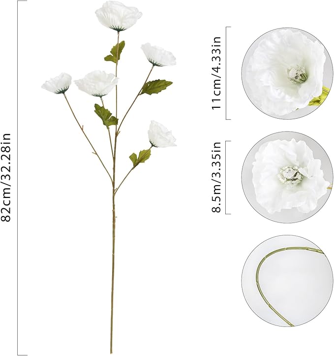 30 Heads 6 PCS White Poppy Flowers Artificial 32 in Silk Poppy Flowers for Wedding Home Party Table Centerpiece Arrangement Decoration (White)