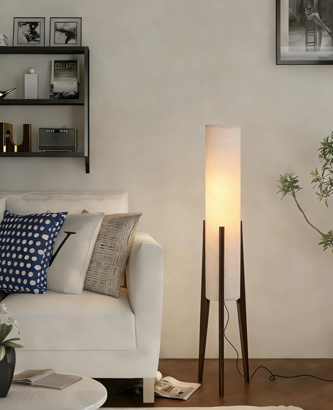 Walnut Wood Tripod Floor Lamp, 48.8 in High Vintage Column Floor Lamps with White Fabric Lampshade, Mid Century Modern Floor Lamp for Bedroom Living Room Home Office (Walnut)