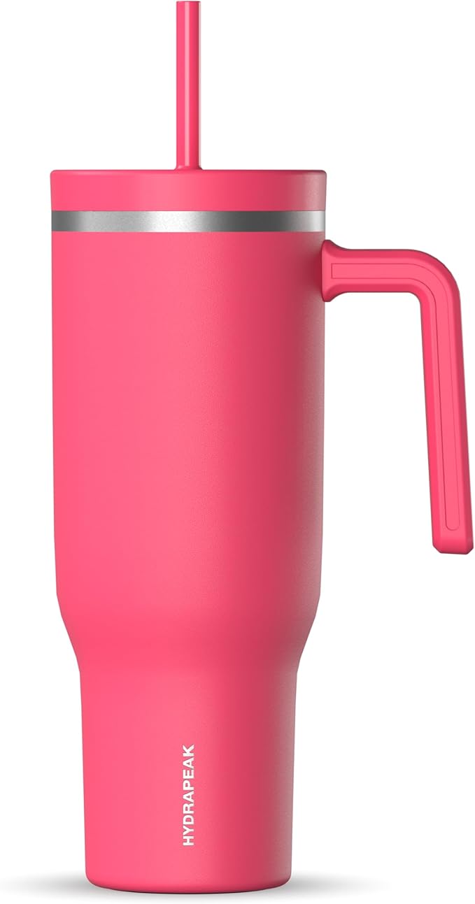 Hydrapeak Voyager 40 Oz Stainless Steel Tumbler with Handle, Insulated Water Bottle With Straw & Lid, Cupholder Friendly Reusable Travel Mug (Hot Pink)