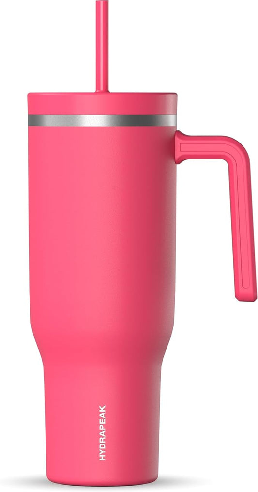 Hydrapeak Voyager 40 Oz Stainless Steel Tumbler with Handle, Insulated Water Bottle With Straw & Lid, Cupholder Friendly Reusable Travel Mug (Hot Pink)