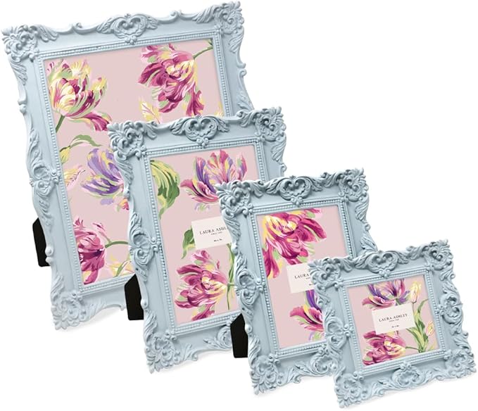 Laura Ashley 4x4 Ornate Textured Hand-Crafted Resin Picture Frame with Easel & Hook for Tabletop & Wall Display, Decorative Floral Design Home Décor, Photo Gallery, Art, More (4x4 Powder Blue)