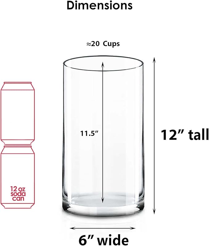 CYS EXCEL (H:12" D:6") Large Cylinder Clear Glass Vase for Wide Bouquet Flower Vase Centerpieces Display Hurricane Floating Candle Holder