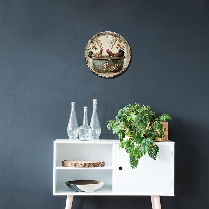 Vintage Round Bathroom Aluminum Metal Decor Sign, 7.98x7.98 Inch, Chicken Themed Wreath, Use Without Electricity, No Feathers, with for Home, Living Room Wall Decoration