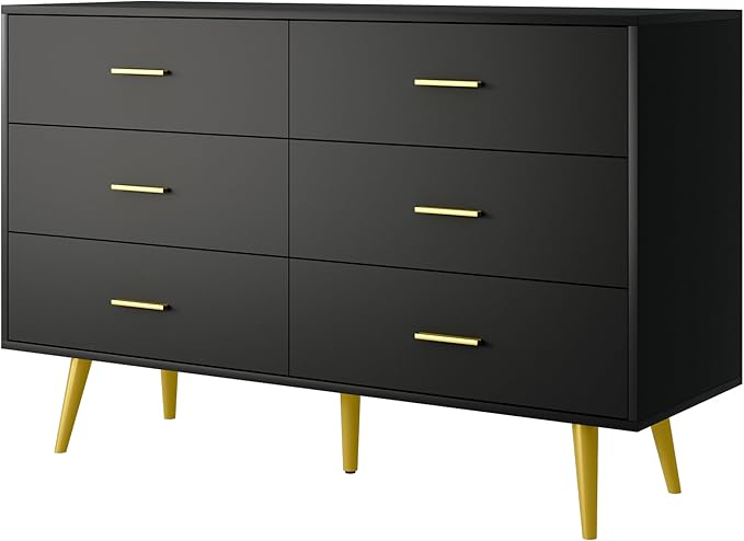 Dresser for Bedroom, 6 Drawer Black Wood Dresser with Golden Handles, Modern Wide Dressers & Chests of Storage Organizer Drawer for Entryway Hallway