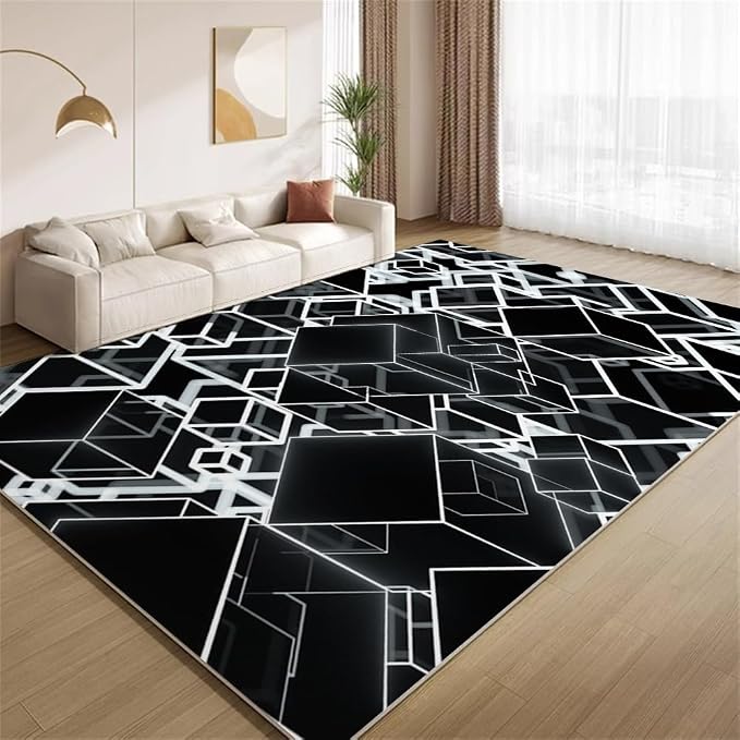 3D Geometric Area Rugs, Black White Block Pattern Carpet, Washable Non Slip Low Pile Soft Rug for Living Room Bedroom Decor Mat 2x3ft(Small)