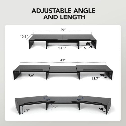HUANUO Dual Monitor Stand - Adjustable Height & Angle with USB Ports | Desktop Riser for PC & Laptop (Black)