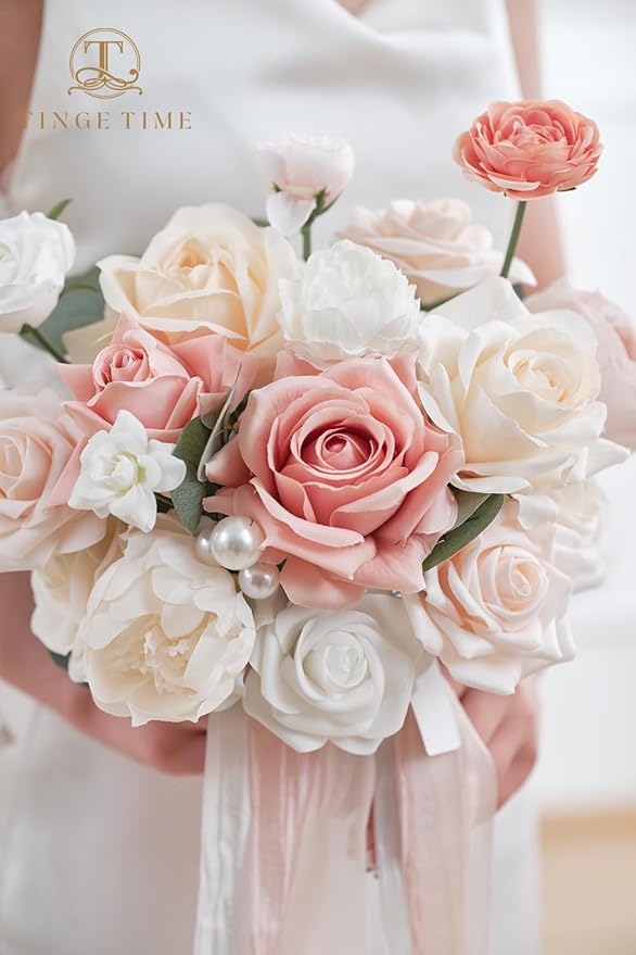 TINGE TIME 9 inch Bridal Bouquets for Bride, Artificial Silk Flowers Tossing Bouquet, Bride Bouquets for Wedding, Ceremony, Anniversary (Champange&Pink)