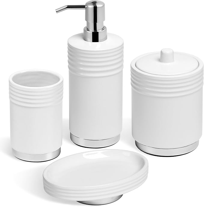 RQYIXI Bathroom Accessories Set 4 Pieces Ceramic Bathroom Accessory with Metal Base Set Contain Soap Dispenser Cotton Swab Jar Toothbrush Cup Soap Dish
