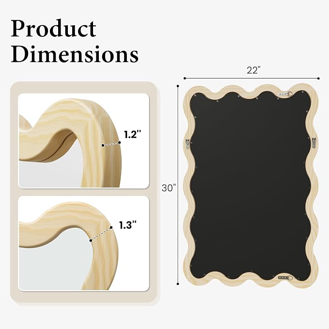 22"x30" Wood Wavy Wall Mirror for Powder Room, Solid Wood Squiggle Mirror for Vanity, Small Asymmetrical Irregular Mirror, Natural Wooden Boho Aesthetic Decor