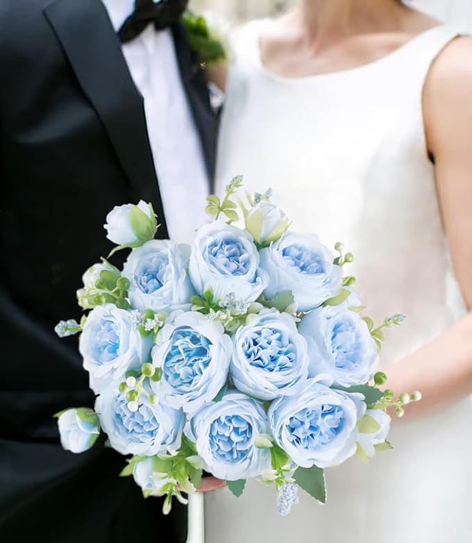 Mkono Peonies Artificial Flowers, Small Silk Flowers for Home Decor Indoor Fake Bouquet Faux Floral Arrangements Dining Table Centerpieces for Kitchen Bridal Wedding Party Decor Blue