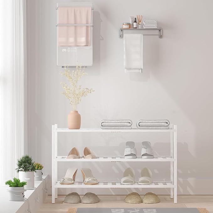 RONGJlA 2 Tier Bamboo Shoe Rack for Closet Free Standing Wood Shoe Shelf Storage Organizer for Entryway Small Space Stackable,White
