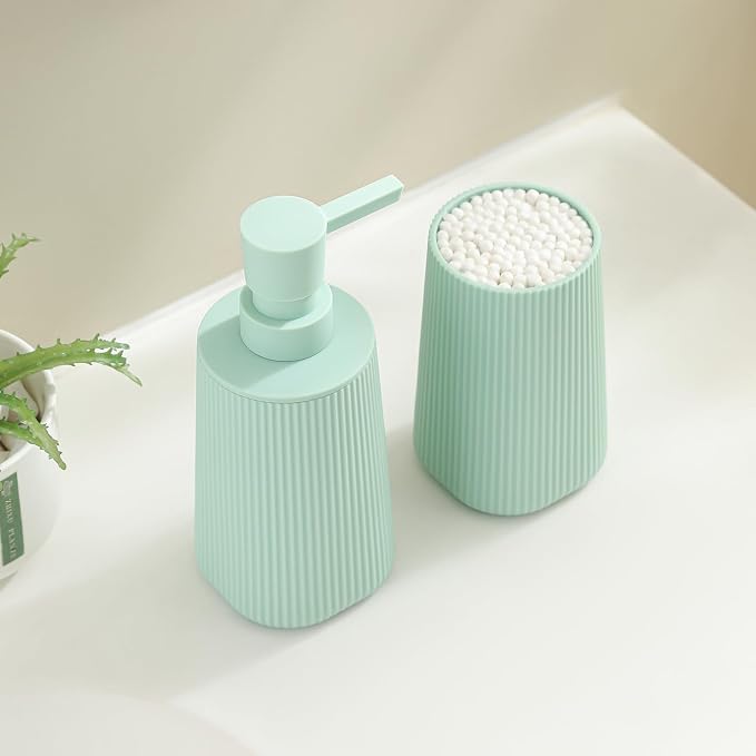 YAUKPH Bathroom Accessories Set 2 Piece Soap Dispenser and Toothbrush Holder for Bathroom Countertop Striped Green