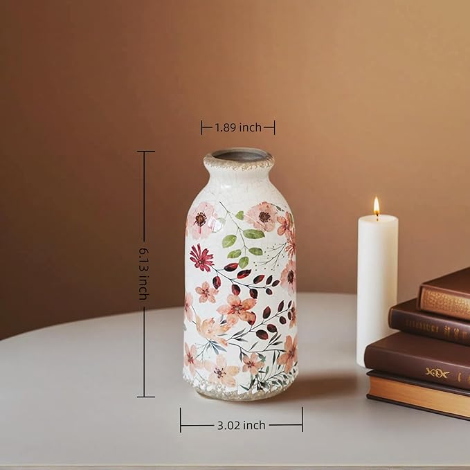 Ceramic Small Vase, Rustic Farmhouse Vintage Flower Vase for Home Decor, Floral Centerpiece for Table, Shelf, Mantle,Living Room,Kitchen, Office,Boho Chic Gift Idea for Christmas, Housewarming