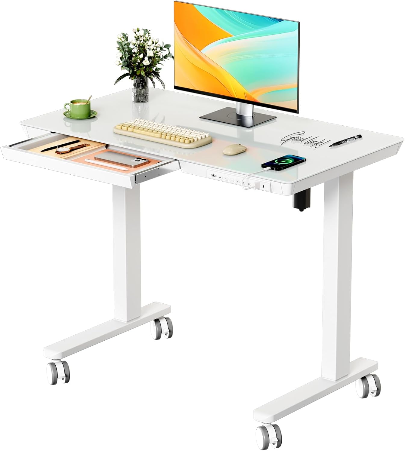 Skiennix Glass Electric Standing Desk - Height Adjustable with Drawer & USB Ports | 35" x 20" White