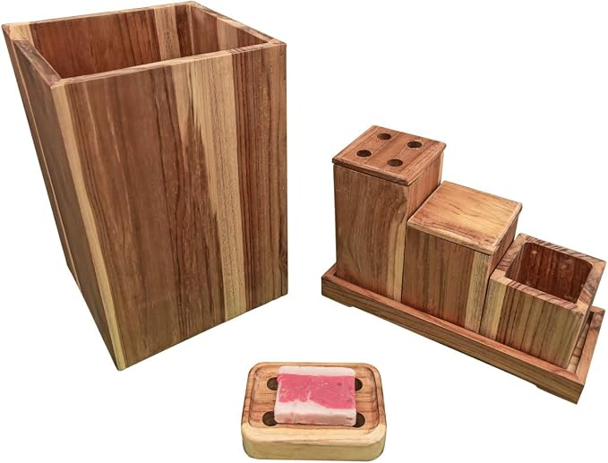 EcoDecors, Eleganto, 8 Piece, Teak Wood Bathroom Amenities Set, Teak Bath Amenity Set, Bathroom Accessory, in Natural Color