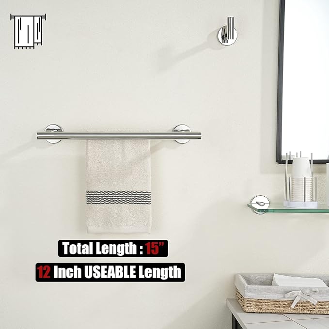 JQK Double Towel Bar Chrome, 15 Inch 304 Stainless Steel Thicken 0.8mm Towel Rack Holder for Bathroom Washcloths and Hand Towels, Polished Steel Wall Mount, Useable Length 12 Inch, TB100L12-CH