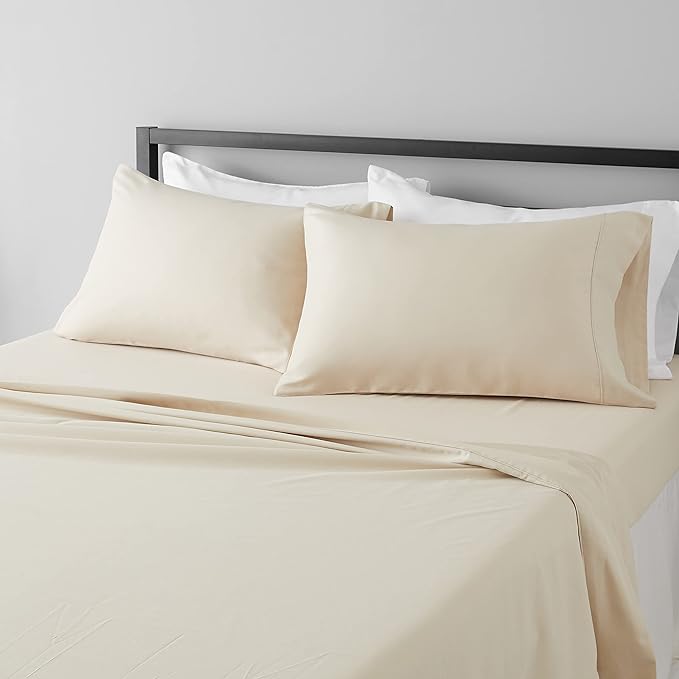 Amazon Basics Lightweight Super Soft Easy Care Comfortable Microfiber 4-Piece Bed Sheet Set with 14-Inch Deep Pockets, King, Beige, Solid