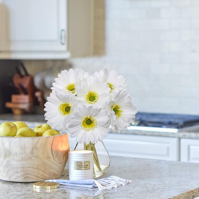 Briful Gerbera Daisy Artificial Flowers, Fake Daisy Flowers in Glass Vase with Faux Water,Real Touch Silk Faux Flowers with Stems for Home Bookshelf Tabletop Bathroom Decorations,White