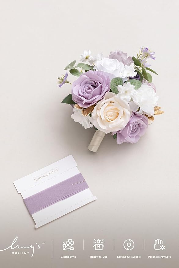 Ling's moment Lilac & Gold Bridesmaid Bouquet, Purple White Wedding Bouquets for Bridesmaids, 7 Inch Bridal Bouquets for Bridesmaids, Wedding, Ceremony, Anniversary, etc.