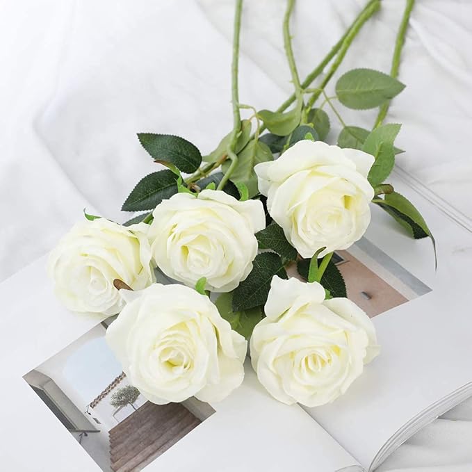 Veryhome Artificial Flowers Silk Roses Fake Bridal Wedding Bouquet for Home Garden Party Floral Decor 10 Pcs (White Curved stem)