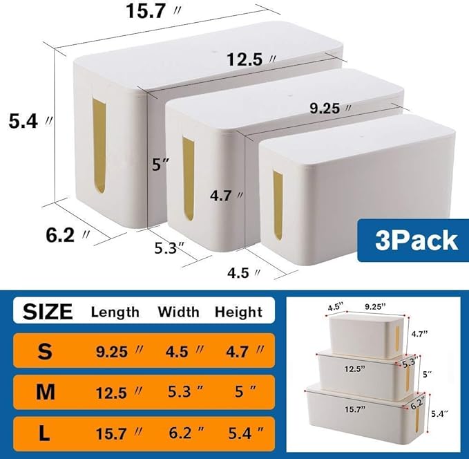 [Set of Three] Cable Management Boxes Organizer, Large Storage Wires Keeper Holder for Desk, TV, Computer, USB Hub, System to Cover and Hide & Power Strips & Cords (Ice White)