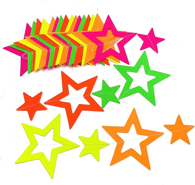 102feet Neon Paper Garland Streamers Hollowed Star Black Light Decorations Glow Party UV Reactive Favors in The Dark Supplies for Wedding Birthday Garlands