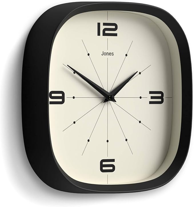 JONES CLOCKS® Pulsar wall Clock | Square Rounded Retro Clock | 10 inch | Black | Cool Designer Look for Kitchen, Living Room or Office
