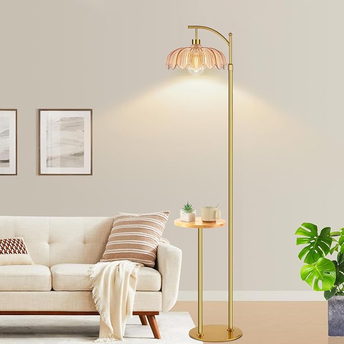 QIYIZM Gold Floor Lamp with Table and Shelves for Living Room Bedroom,Glass Standing Lamp with Remote Dimmable,Boho Brass Tall Lamp Vintage Farmhouse Arc Flower Floor Light Bohemian