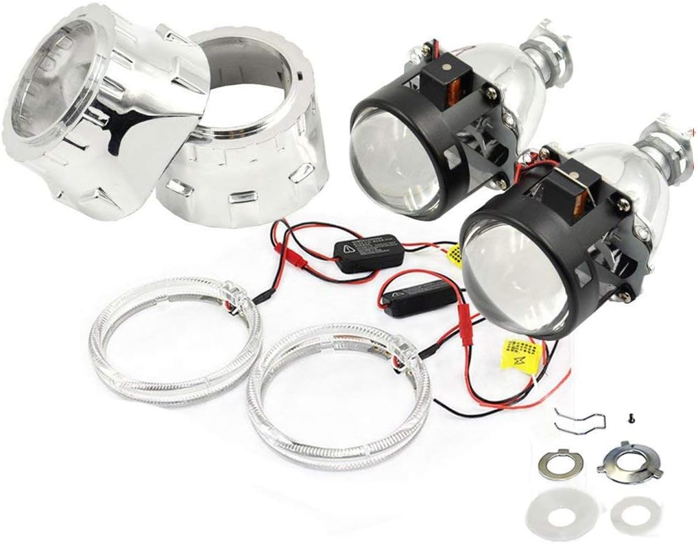 YUFANYA 2.5 Inch H1 Bixenon Projector Lens - Hi/Lo Beam with White Angel Eyes & Chrome Shrouds