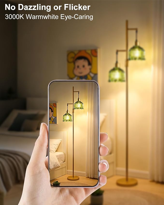 Lightdot 2- Light Gold Flower Floor Lamp, 65IN Green Glass Floor Lamps with 3000K Warm White Bulbs, Modern Standing Tall Lamp with 5Lbs Heavy Base for Living Room Bedroom Home Office Sofa Beside