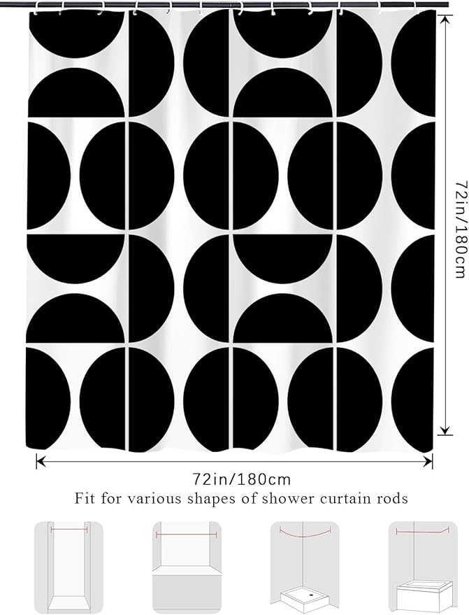 Black and White Mid Century Modern Shower Curtain, Boho Abstract Geometric Retro Art Bath Curtains For Bathroom, Colorful Unique Pattern Waterproof Polyester Fabric Bathroom Set 12 Hooks 72X72IN