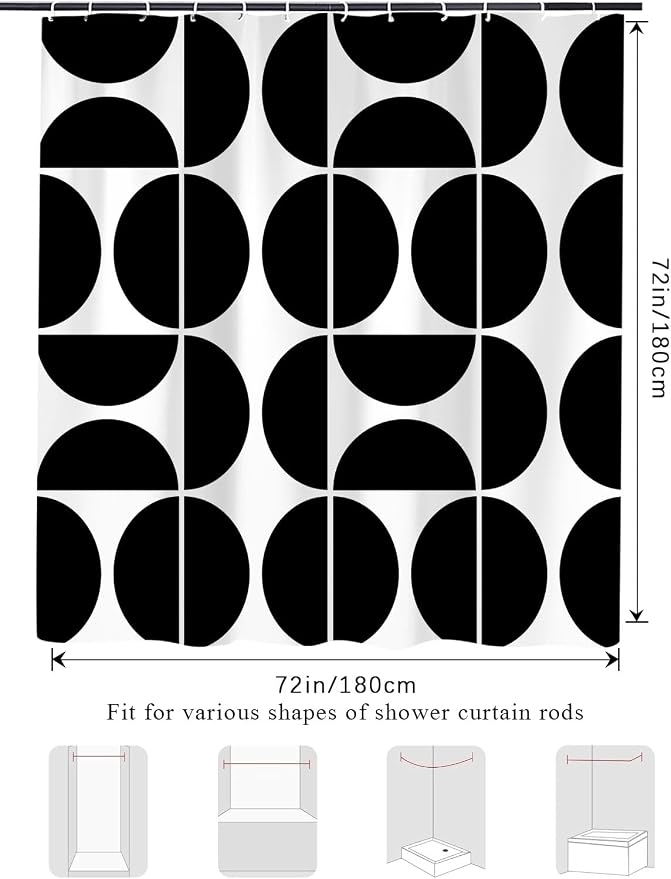 Black and White Mid Century Modern Shower Curtain, Boho Abstract Geometric Retro Art Bath Curtains For Bathroom, Colorful Unique Pattern Waterproof Polyester Fabric Bathroom Set 12 Hooks 72X78IN