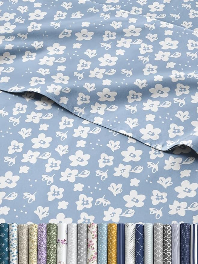 Floral Sheets - Blue Floral Bed Sheet Set - 1 Flat, 1 Fitted & 2 Pillowcases w/ Deep Pockets - Comfy, Wrinkle & Fade Free - Boho Botanical Bedding - Ultra-Soft, Breathable & Cooling - King Size Set