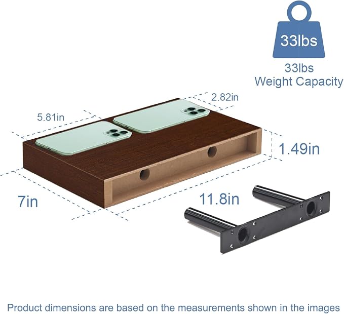 Floating Shelves for Wall, Bathroom Shelves Over Toilet, Wall Shelves & Book Shelf, Hanging Shelf, Modern Wooden Wall-Mounted Small Floating Shelves, 12x7x1.5 in (Walnut-Like, Set of 2)