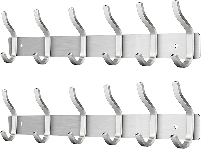 HAMUTH Wall Hooks Heavy Duty, 17 Inch Coat Rack Wall Mount with 6 Hooks,Silver Wall Hooks Hangers for Entryway, Bathroom - for Hanging Backpack, Bag, Coat, Purse, Hat, Towel, Clothes,2 Packs