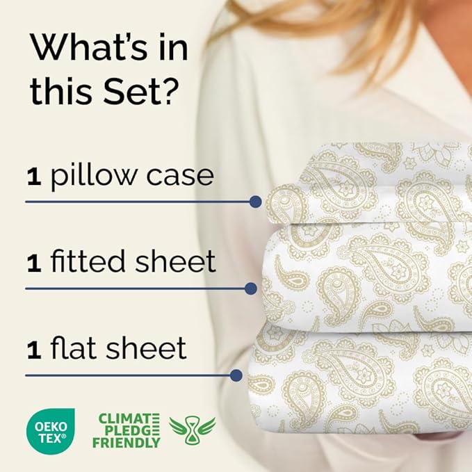 Floral Sheets - Paisley Bed Sheet Set - 1 Flat, 1 Fitted & 1 Pillowcase w/ Deep Pockets - Comfy, Cozy, Wrinkle & Fade Free - Boho Botanical Bedding - Ultra-Soft, Breathable & Cooling - Twin Size