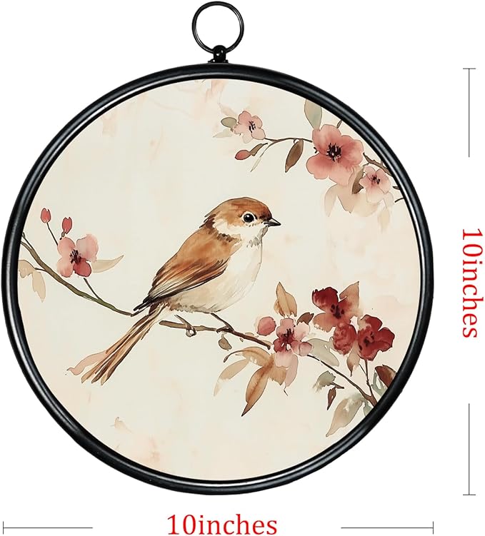 XIAOAIKA Round Vintage Wall Hanging Decor, Printed Textured Surface with Wood Back, Bird Design, Black Metal Frame, Ready to Hang for Living Room Bedroom, 10 Inch