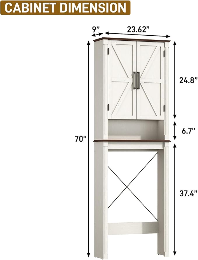 jiteentarou Farmhouse Bathroom Storage Cabinet,Over The Toilet Storage Cabinet with Roman Column Decor,Tall Over The Toilet Shelf with Barn Doors,Over Toilet Bathroom Organizer(Rustic White)