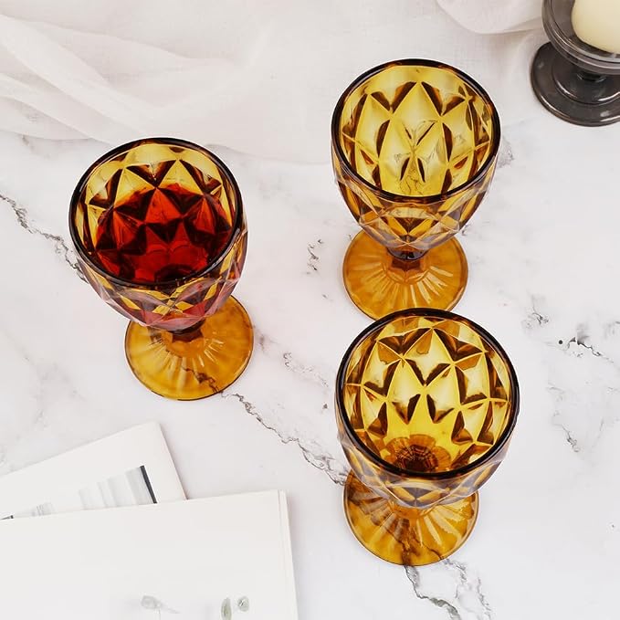 Pure Amber Wine Glasses 6Pcs a Set Solid Colors Glass Goblets Colorful Dishwasher Safe Colored Glassware With An Embossed Vintage Never Fade Colored Goblets Pattern Like Crystal (Glass, Amber)