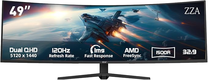 ZZA 49 Inch Curved Monitor, 32:9 Dual QHD 5120x1440 Ultrawide Curved Monitor, 120Hz with 1500R Curvature, 120% sRGB, Height Adjustable Stand, HDMI 2.1 & DisplayPort 1.4