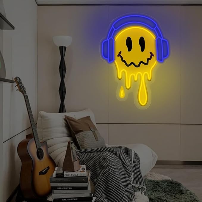 Melting Smile Face With Headphone Neon Sign for Wall Decor Neon Smile Light Signs for Kids Room Bar Party Bedroom Decor Lamp Personalized Gifts Kids Room, Wedding Decoration, Holiday Gift-Blue