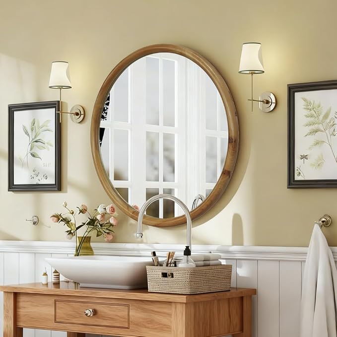Elountik 35.43 Inch Round Wall Mirror with Natural Wood Frame for Bathroom, Bedroom, Entryway, Mid-Century Modern Decorative Circle Mirror