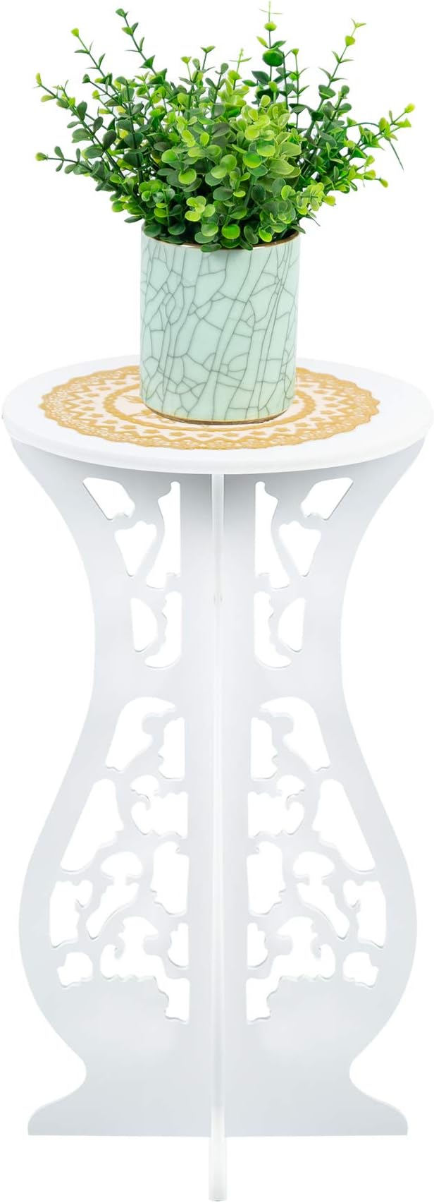 Beautiful White PVC Board Flower Plant and Vase Stand Display with Intricate Carvings and Gold Ornate Floral Nonslip Mat, Waterproof for Indoor and Outdoor Use (16.5" H x 10" W)