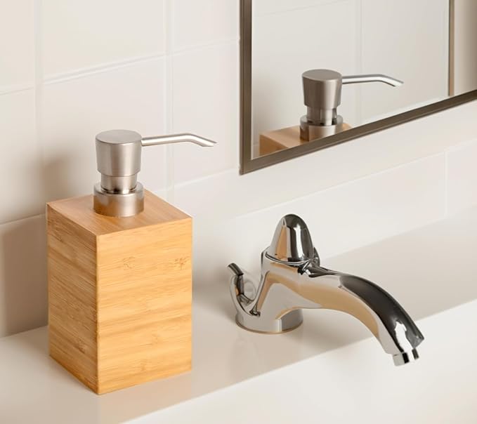 Clasin Home Bamboo Soap Dispenser with Anti-Slip Pads and Stylish Horizontal Wood Grain, Hand Dispenser for Bathroom, Kitchen, Dish, Lotion, Shampoo, Liquid Soap (7 Oz)